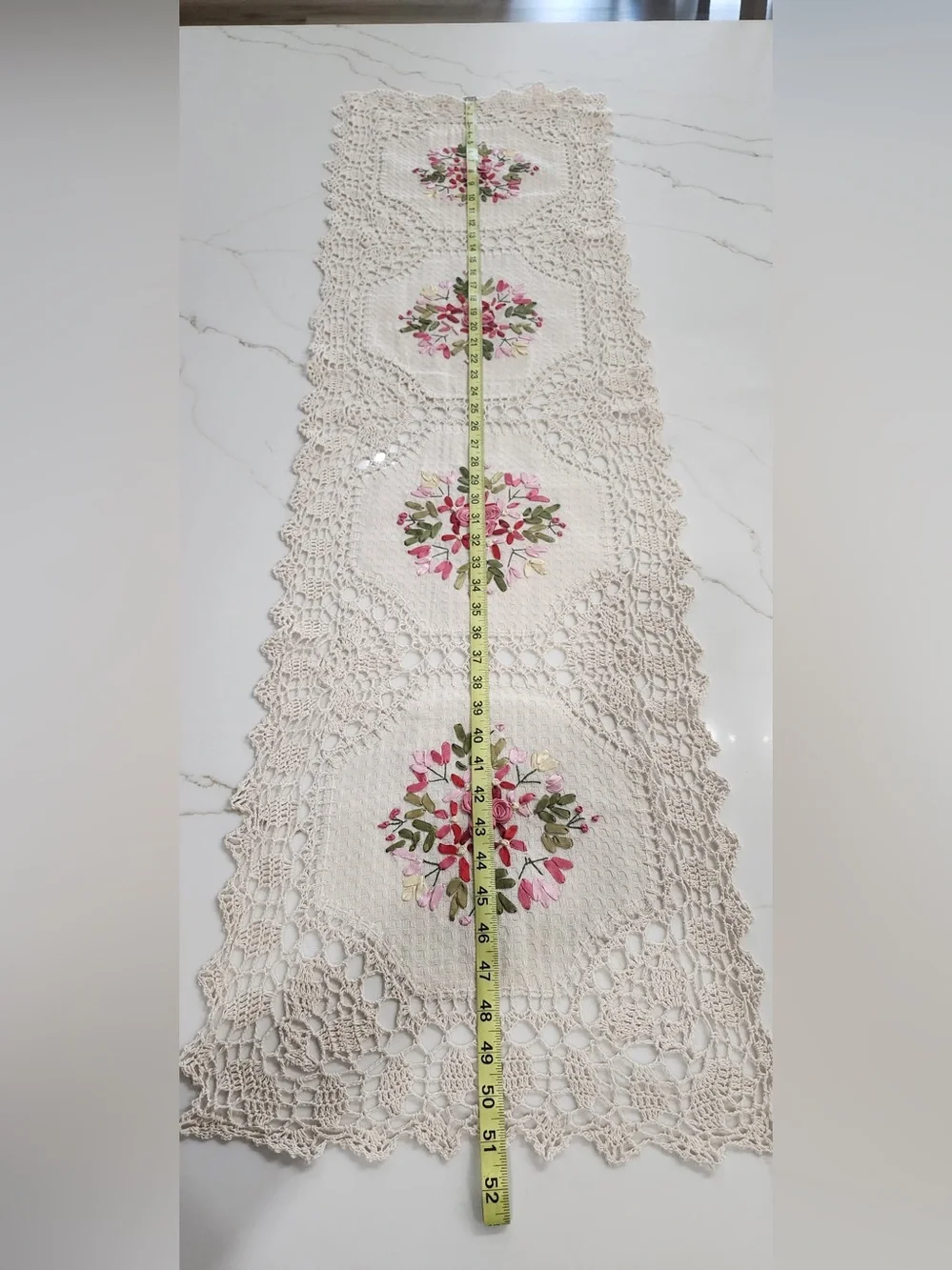 Mexican Artisanal Handmade Crochet Lace Table Runner Floral Ribbon Embroidered.